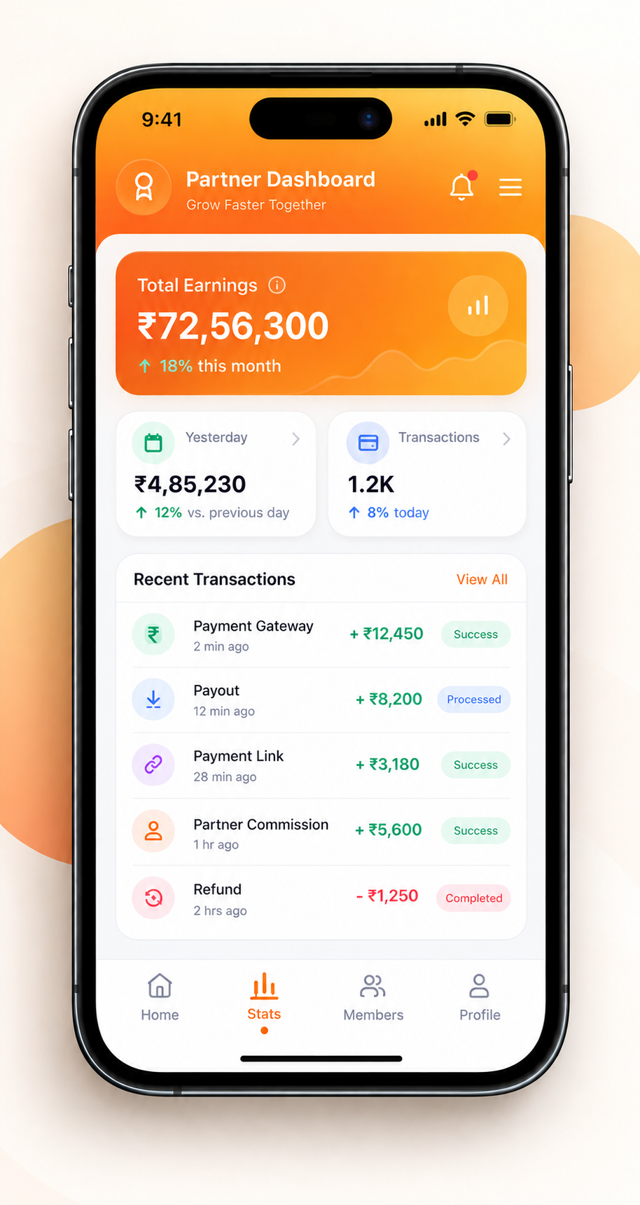OrcoPay Partner Dashboard Mobile App showing payment analytics and earnings